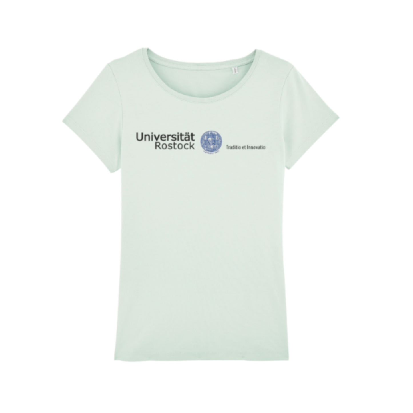 Damen T-Shirt mit original Schriftzug der Uni Rostock und blauem Siegel