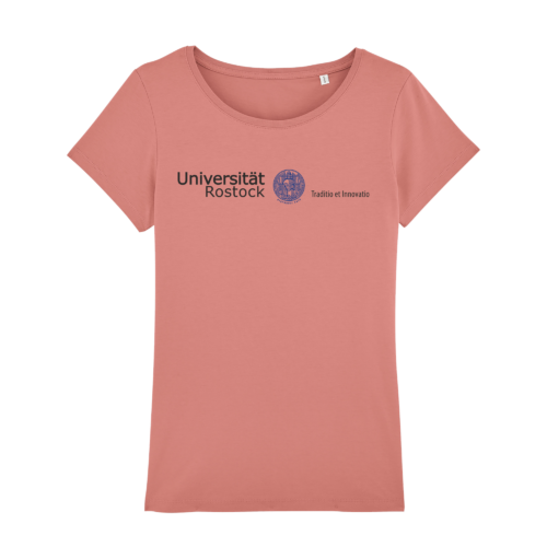 Damen T-Shirt mit original Schriftzug der Uni Rostock und blauem Siegel