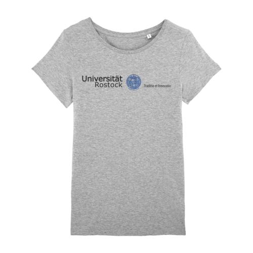 Damen T-Shirt mit original Schriftzug der Uni Rostock und blauem Siegel