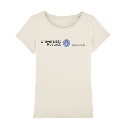 Damen T-Shirt mit original Schriftzug der Uni Rostock und blauem Siegel
